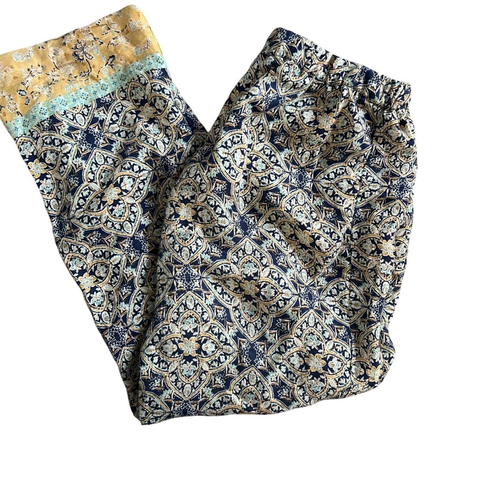 Coldwater Creek Womens 14 Linen Paisley Print Wide Leg Boho Pants Navy Tan 18462